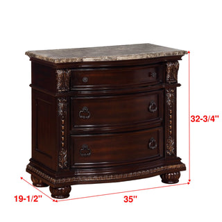 Sunvega Traditional Brown Cherry Finish Marble Top Three Drawer Nightstand