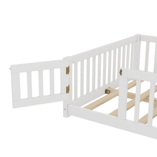 Sunvega Twin Size Floor Bed with Safety Guardrails and Door for Kids in Natural