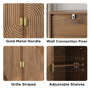 Sunvega Walnut Wood Buffet Cabinet with Line Groove Design and Large Storage Space