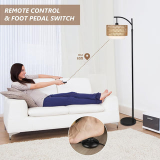 Sunvega Adjustable Farmhouse Arc Floor Lamp with Rattan & Fabric Shades and Remote