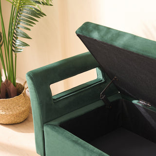 Sunvega Green Velvet Storage Soft Bench with Armrests for Living Room and Bedroom