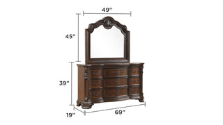 Sunvega Traditional Style Wood Frame Mirror with Elegant Carvings in Walnut Finish