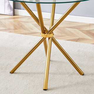 Sunvega Modern Simple Round Clear Glass Dining Table with Gold Metal Legs for 4-6 People