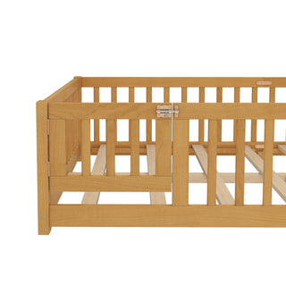 Sunvega Twin Size Floor Bed with Safety Guardrails and Door for Kids in Natural