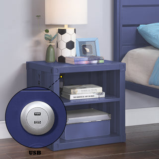 Sunvega Industrial Cargo Blue Nightstand with USB Charging and Open Storage