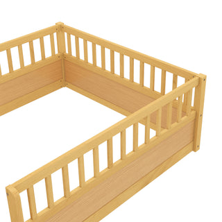Sunvega Montessori Wooden Children's Floor Bed Frame with High Safety Fence