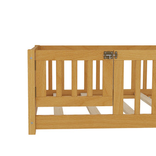 Sunvega Twin Size Floor Bed with Safety Guardrails and Door for Kids in Natural