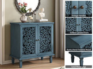 Sunvega Antique Green Buffet Cabinet with Floral Carvings and Solid Wood Legs for Living Room