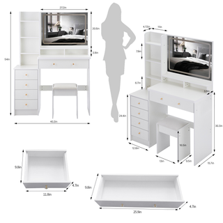 Sunvega 37 Inch Left Bedside Vanity Table with Cushioned Stool and Sliding LED Mirror