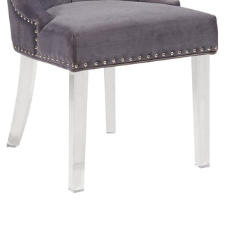 Sunvega Tufted Gray Velvet Dining Chair with Acrylic Legs and Diamond Stitching