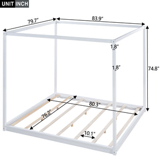 Sunvega White Queen Size Canopy Platform Bed with Support Legs and Sturdy Frame