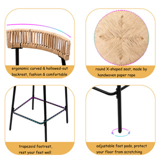 Sunvega Hand Woven Paper Rope Bar Stools with Backrest and Footrest for Kitchen Island