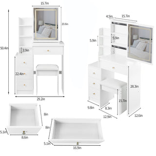 Sunvega Small Space Left Bedside Cabinet Vanity Table with Cushioned Stool and Sliding Mirror