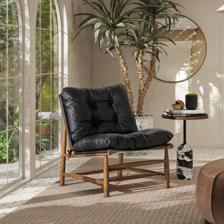 Sunvega Oxford 26.5' Leather Mid-Century Modern Accent Chair, Noir Black Leather