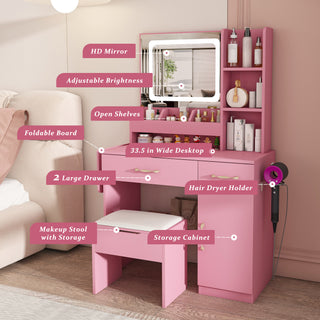Sunvega 7-Drawer Vanity Desk with LED Mirror Jewelry Storage and PU Stool