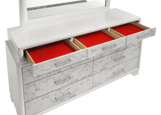 Sunvega Modern White Dresser with Marble Accents and Nine Drawers for Bedroom