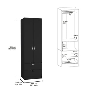 Sunvega Modern Black Wardrobe with Hanging Rod, Two Drawers, and One Shelf
