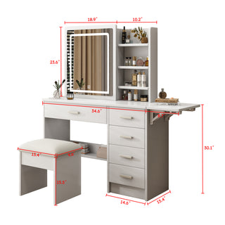 Sunvega Vanity Desk with Mirror and Lights for Makeup with 5 Drawers and Open Shelves