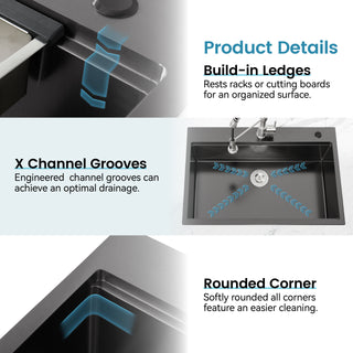 Sunvega 32x19 Inch Overmount Single Bowl Kitchen Sink in Brushed Nickel