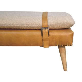 Sunvega Handwoven Bouclé Cotton and Buffalo Hide Leather Bench with Wood Legs