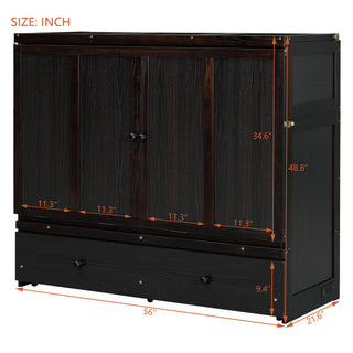 Sunvega Espresso Full Size Murphy Bed with USB Port and Large Drawer for Space Saving