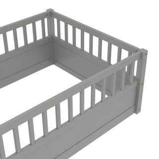 Sunvega Montessori Wooden Children's Floor Bed Frame with High Safety Fence