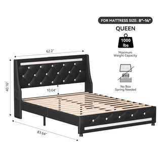 Sunvega Queen Size Bed Frame with Headboard LED Lights Charging Station Storage