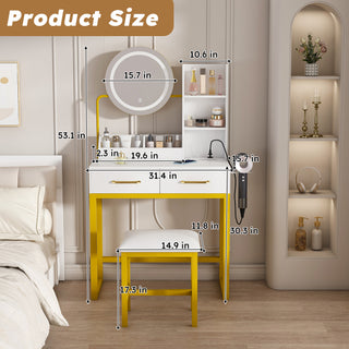 Sunvega White Makeup Vanity Table with LED Lights Power Outlet and 2 Drawers