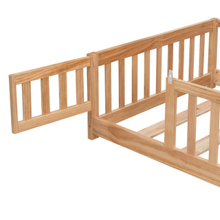 Sunvega Full Size Pine Wood Floor Bed with Safety Guardrails and Door
