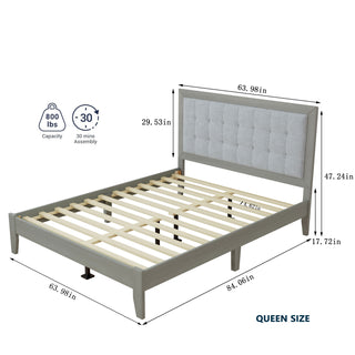 Sunvega Solid Wood King Bed with Upholstered Headboard in Grace Grey Finish