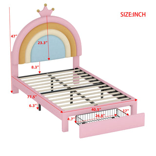 Sunvega Full Size Velvet Upholstered Rainbow Princess Platform Bed with Storage Drawer