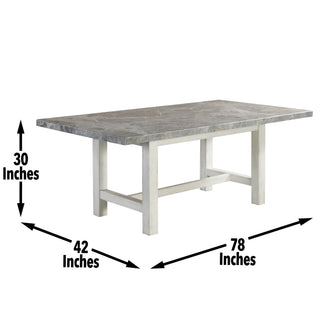Sunvega Gray Marble Top Dining Table with White Finish and Cross Stretchers