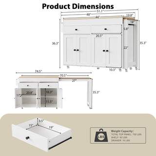 Sunvega White Kitchen Island with Extendable Dining Table on Wheels Spice Rack
