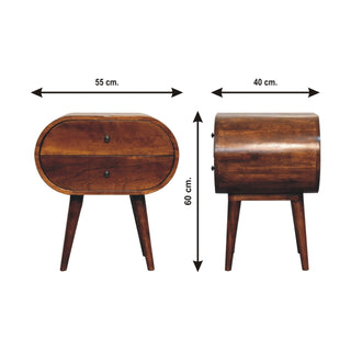 Sunvega Solid Mango Wood Chestnut Round Bedside Table with 2 Drawers and Nordic Legs