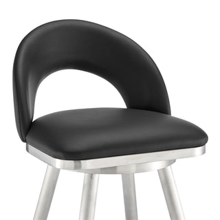Sunvega Brushed Stainless Steel Swivel Bar Stool with Black Faux Leather Upholstery