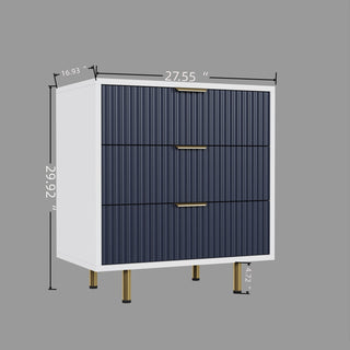 Sunvega Modern White and Navy Blue Fluted 3 Drawer Dresser with Wide Top for Bedroom