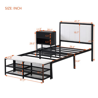 Sunvega Full Size Metal Platform Bed with Two Tier Storage Shelves and Wooden Cabinet