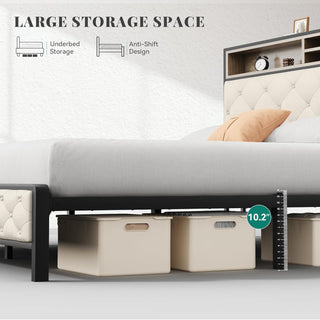 Sunvega King Size Platform Bed Frame with Charging Station and Upholstered Storage Headboard