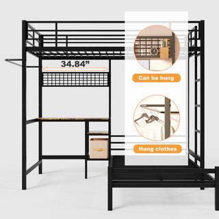 Sunvega Twin Over Twin Metal Bunk Bed with L-Shaped Desk Station and Storage Shelves