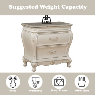 Sunvega Pearl White Finish Nightstand with Granite Top and Two Spacious Drawers