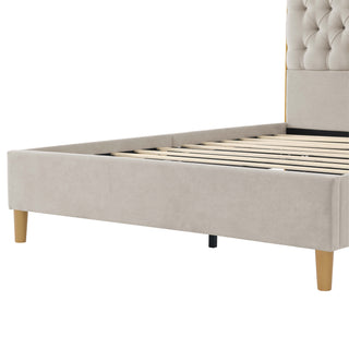 Sunvega Upholstered Queen Bed Frame with Tufted Headboard and Curved Design