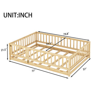 Sunvega Full Size Montessori Floor Bed with Fence Door and Slats for Kids
