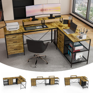 Sunvega 114 Inch Industrial L-Shaped Computer Desk with Power Outlets USB-C and 6 Fabric Drawers