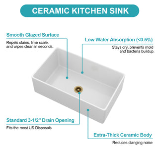 Sunvega 33 Inch White Porcelain Ceramic Farmhouse Kitchen Sink Workstation with Reversible Apron