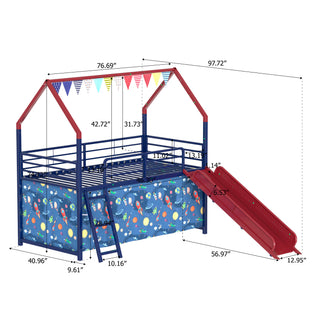 Sunvega Marvel Superhero Metal Twin Loft Bed with Slide and Curtain Set