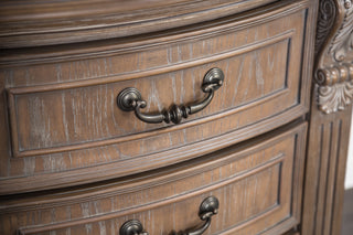 Sunvega Weathered Oak Solid Wood Nightstand with Carved Details and Reeded Posts