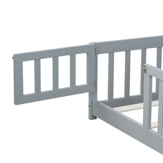 Sunvega Natural Rubber Wood Twin Size Floor Bed with Safety Guardrails and Door