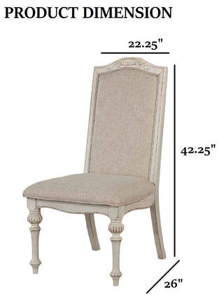 Sunvega Antique White Upholstered Seat Side Chair with Intricate Wood Inlay Detail