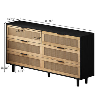 Sunvega 6 Drawer Rattan Dresser with Metal Handle and Wood Legs for Bedroom Storage