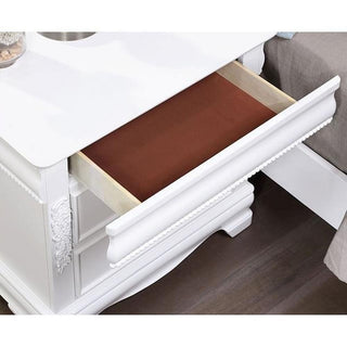 Sunvega White Transitional Nightstand with Faux Wood Carving and Nickel Hanging Pulls